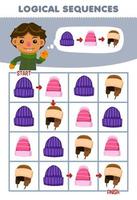 jogo educacional para crianças sequência lógica ajuda menino a classificar gorro do início ao fim planilha de inverno imprimível vetor
