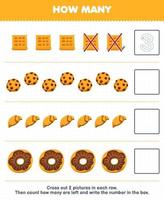 jogo educacional para crianças conte quantos desenhos animados waffle cookie croissant rosquinha e escreva o número na planilha de comida imprimível da caixa vetor