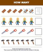 jogo de educação para crianças conte quantos carpinteiros de madeira de desenho animado viram martelo e escreva o número na planilha de profissão imprimível da caixa vetor