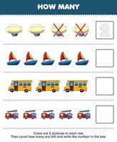 jogo de educação para crianças conte quantos caminhões de bombeiros de ônibus de veleiro de zepelim de desenho animado fofo e escreva o número na planilha de transporte imprimível da caixa vetor