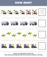 jogo de educação para crianças conte quantos desenhos animados fofos escavadeira caminhão avião locomotiva trem e escreva o número na caixa planilha de transporte imprimível vetor