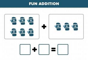 jogo educacional para adição divertida de crianças, contando imagens de luva azul de desenho animado para impressão planilha de inverno vetor