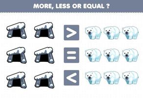 jogo educacional para crianças mais, menos ou igual, conte a quantidade de covil de desenho animado fofo e planilha de inverno imprimível de urso polar vetor
