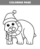 jogo de educação para crianças colorir página de desenho animado bonito urso polar usando chapéu e cachecol linha arte para impressão folha de trabalho de inverno vetor