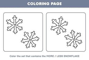 jogo de educação para crianças colorir página mais ou menos imagem de conjunto de arte de linha de floco de neve bonito dos desenhos animados folha de trabalho de inverno para impressão vetor