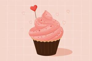 cupcake com creme rosa, saborosa sobremesa deliciosa com decoração de coração. comida doce, celebração do dia dos namorados. clipart, elemento de design. ilustração vetorial vetor