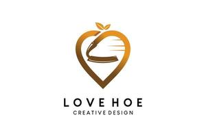 design de logotipo de amor de enxada, ilustração vetorial de logotipo de ferramentas agrícolas ou de plantação vetor
