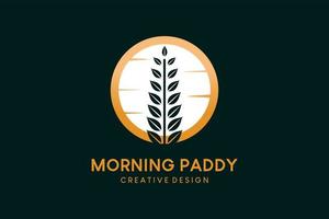 design de logotipo paddy com nascer do sol, ilustração vetorial de arroz matinal vetor