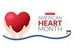 fevereiro é o mês do coração americano com um pulso para a saúde e superação de doenças cardiovasculares na ilustração de modelo desenhado à mão plana dos desenhos animados vetor
