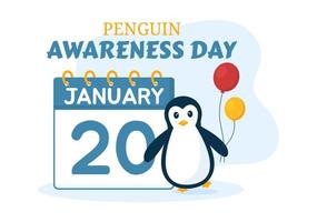 feliz dia da conscientização do pinguim em 20 de janeiro para manter a população de pinguins e o habitat natural na ilustração de modelos desenhados à mão de desenhos animados planos vetor