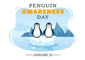 feliz dia da conscientização do pinguim em 20 de janeiro para manter a população de pinguins e o habitat natural na ilustração de modelos desenhados à mão de desenhos animados planos vetor