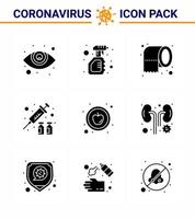 conjunto de ícones covid19 para infográfico 9 pacote preto de glifo sólido, como medicamento alimentar, vírus de limpeza, vacina contra gripe, coronavírus viral, elementos de design de vetor de doença de 2019nov