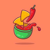 nachos com ilustração do ícone do vetor dos desenhos animados de molho de pimenta. conceito de ícone de comida do méxico isolado vetor premium. estilo cartoon plana