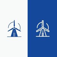 linha de energia de energia eólica de turbina e ícone sólido de glifo banner azul linha e ícone sólido de glifo banner azul vetor