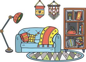 sofá desenhado à mão com lâmpadas e prateleiras ilustração do quarto interior vetor