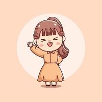 linda garota bonita feliz acenando a mão kawaii chibi mascote ilustração dos desenhos animados vetor