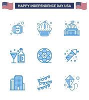 feliz dia da independência 9 pacote de ícones de blues para web e imprimir movis garrafa construindo bebida americana editável dia dos eua elementos de design vetorial vetor