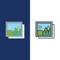 ícones de imagem de imagem de galeria de quadros plano e linha cheia de ícones conjunto de fundo azul vector