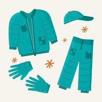 roupas definir inverno e outono. água-marinha, jaqueta azul, calça, luvas, boné. ilustração vetorial vetor