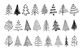 árvores de natal desenhadas à mão. conjunto de dezesseis ilustrações esboçadas monocromáticas de abetos. elementos de doodle de férias de inverno. ilustração vetorial vetor