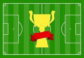 campo de futebol com grama verde e com uma taça de ouro com uma fita vermelha. ilustração vetorial vetor