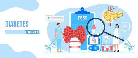 diabetes mellitus, diabetes tipo 2 e vetor de conceito de produção de insulina. página de destino com lupa e medidor de teste de glicose no sangue, médicos