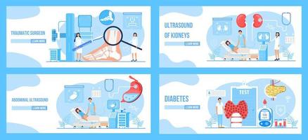 cirurgião traumático, abdominal, ultra-som renal, vetor de conjunto de conceito de diabetes. vetor de conceito de tecnologia de saúde de endoscopia.