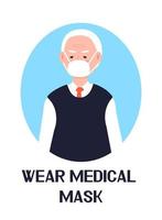 usar vetor de ícone de máscara. gripe, resfriado, prevenção de coronavírus é mostrada. homem sênior está colocando máscara médica. ilustração de pessoa infectada. doença respiratória