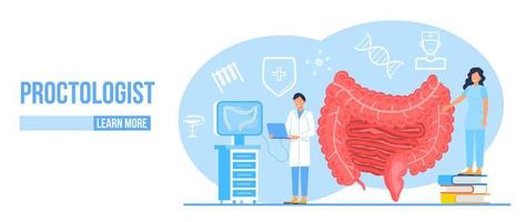 vetor de conceito de proctologista para web médica. aplicativo. blog. os médicos do intestino examinam, tratam a disbiose. minúsculo terapeuta de colonoscopia proctologia.