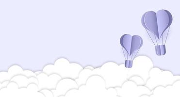 balão de ar quente de coração cortado em papel e nuvens brancas. origami feito balão de ar quente e nuvens. estilo de arte de papel. bandeira de saudação ou venda. ilustração vetorial vetor