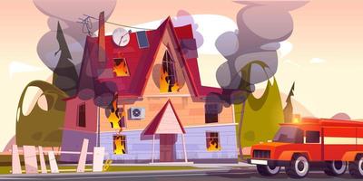 caminhão de bombeiros em casa em chamas, casa de campo suburbana vetor