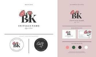 letra de caligrafia bk bk design de logotipo inicial com rosas para beleza ou botânica. vetor