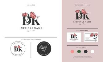 letra de caligrafia dk dk design de logotipo inicial com rosas para beleza ou botânica. vetor