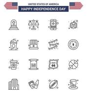 feliz dia da independência pacote de ícones de 16 linhas para web e impressão cole eua festival celular abóbora telefone editável dia dos eua vetor elementos de design