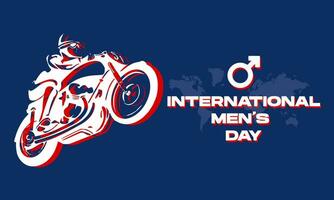 dia internacional dos homens com motocicleta e mapa do mundo fundo azul. para pôster, banner, convite de cartão, mídia social vetor