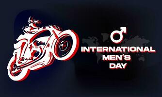 dia internacional dos homens com fundo de malha de gradiente de mapa do mundo e motocicleta. para pôster, banner, convite de cartão, mídia social vetor