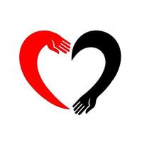 mão preta e vermelha juntas do coração vetor