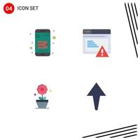 conjunto de 4 pacotes de ícones planos comerciais para alerta de seo de flor de carteira móvel elementos de design de vetores editáveis