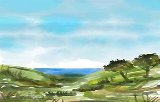 belas colinas e paisagem de aquarela do mar vetor