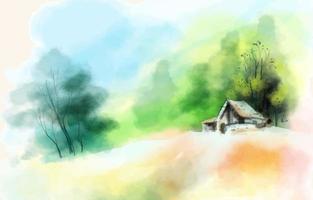pequena casa na bela paisagem, aquarela vetor