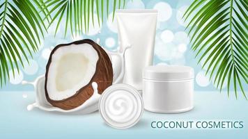 cosméticos naturais de coco, modelo de design de cartaz de publicidade vetorial. nozes de coco realistas em respingos de leite com fundo bokeh azul tropical, cosméticos de spa ou produto de cuidado de pele de embalagem de creme vetor