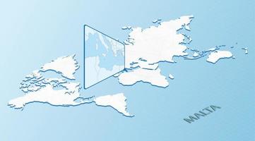 mapa-múndi em estilo isométrico com mapa detalhado de malta. mapa de malta azul claro com mapa-múndi abstrato. vetor