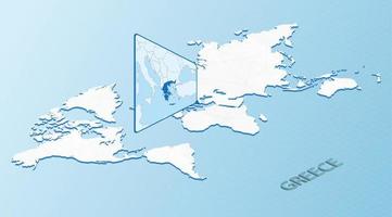 mapa-múndi em estilo isométrico com mapa detalhado da Grécia. mapa da Grécia azul claro com mapa-múndi abstrato. vetor