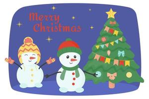 ilustração de uma árvore de natal decorada com bonecos de neve alegres, estrelas sobre um fundo azul. ilustração em vetor de uma árvore de natal e bonecos de neve.