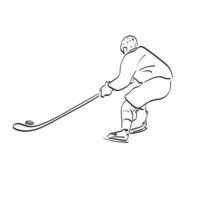 vista traseira da arte de linha do jogador masculino jogando hóquei na mão do vetor de ilustração de gelo desenhada isolada no fundo branco