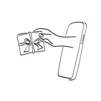 closeup mão segurando a caixa de presente na mão de vetor de ilustração de smartphone desenhada isolada na arte de linha de fundo branco.