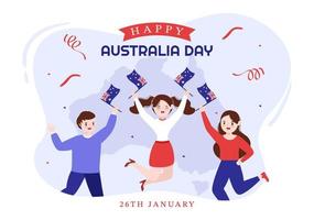feliz dia da austrália observado todos os anos em 26 de janeiro com bandeiras e mapa para a diversidade de povos na ilustração de modelo desenhado à mão plana dos desenhos animados vetor