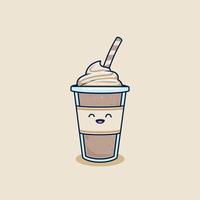 Milk-shake de chocolate sorriso feliz no copo para viagem com ilustração de cobertura de chantilly. café frappe em ilustração de copo de plástico mascote emoji personagem vetor