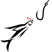 ilustração vetorial de um peixe prestes a comer um anzol em um fundo branco. conceito de design de um peixe amando um anzol com um sinal de amor. vetor
