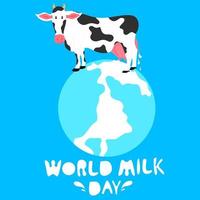 ilustração vetorial do dia mundial do leite. o conceito de uma vaca leiteira encharcando o mundo com leite. vetor
